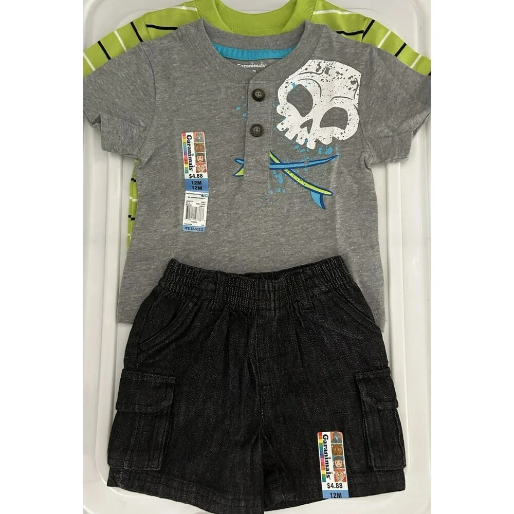 Garanimals 3 PC Green Gray Black Shirts Denim Shorts Boys Outfit Size 12 Months